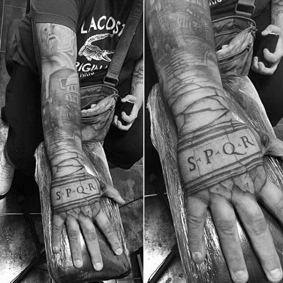 Mens Spqr Stone Hand And Forearm Tattoo Designs