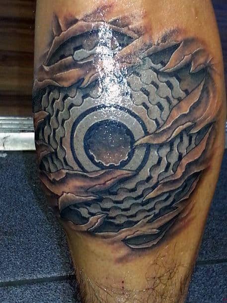 Mens Sprocket Ripped Skin Calf Tattoo