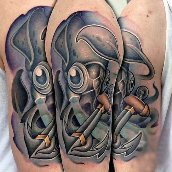 Mens Squid And Anchor Tattoo On Upper Arm