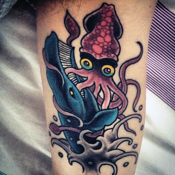 Mens Squid Tattoo Attacking Whale On Bicep