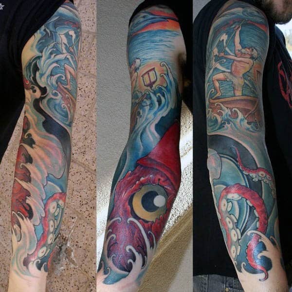 Mens Squid Tattoos Full Sleeve Design With Fisherman