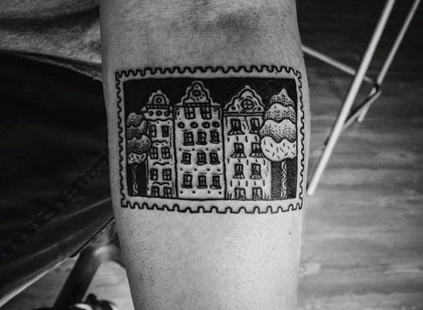 Mens Stamp With Buildings Travel Tattoo Design Ideas