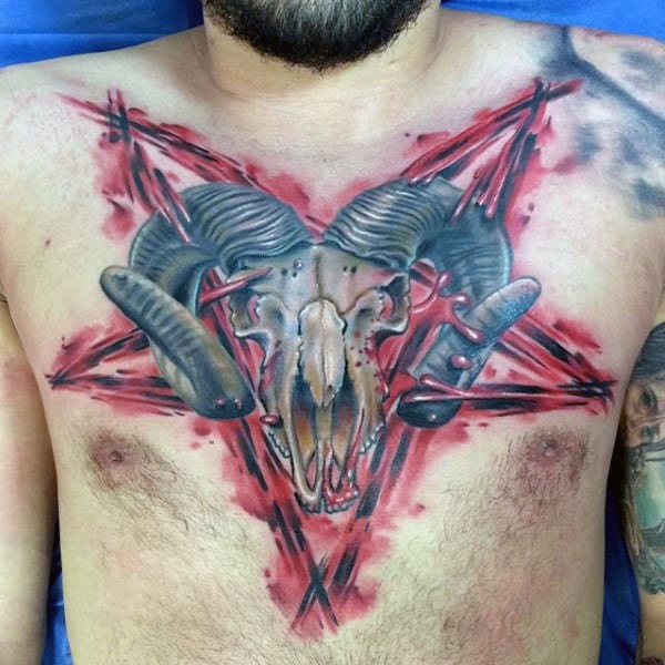 Mens Star Goat Skull Chest Tattoo