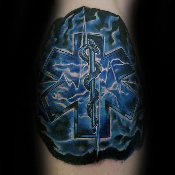 Mens Star Of Life Electric Blue Leg Calf Tattoo Inspiration