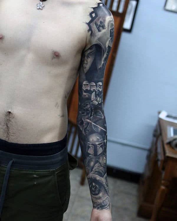Mens Star Wars Detailed Full Sleeve Tattoo Ideas