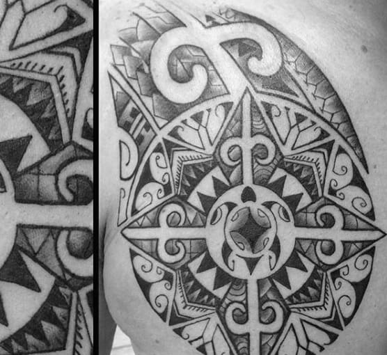 Mens Star With Turtle Tribal Chest Tattoo Ideas