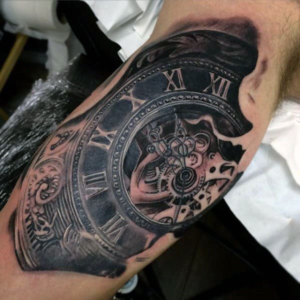 Mens Steampunk Pocket Watch Tattoo On Elbows