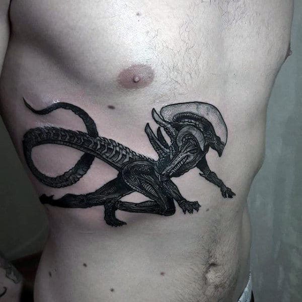 Mens Stomach And Rib Cage Side Alien Tattoo