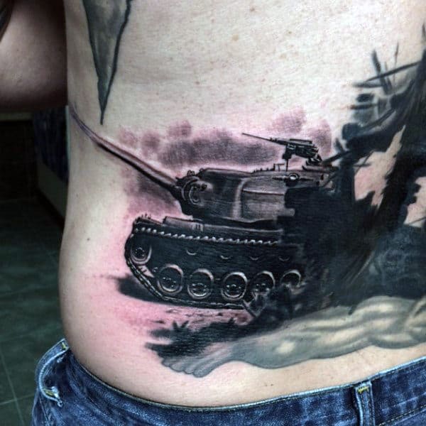 Mens Stomach Black Ink Military Tank Tattoos