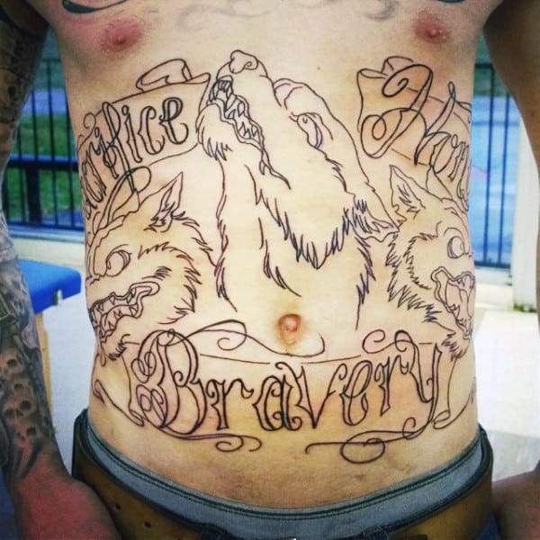 Mens Stomach Bravery Cerberus Black Ink Outline Tattoos