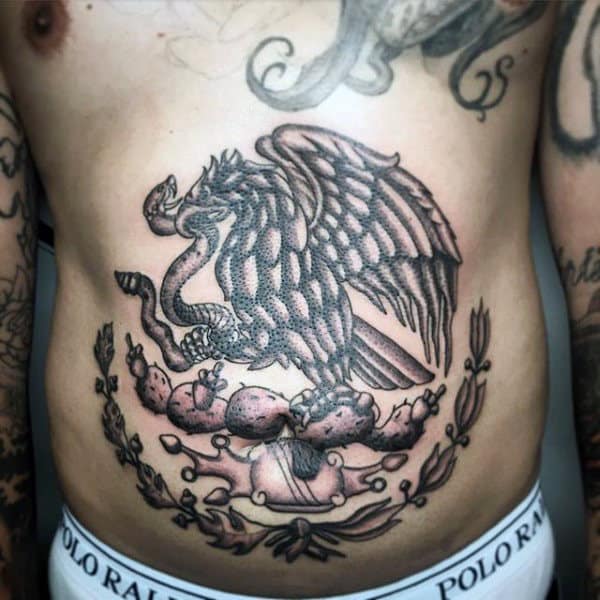 Mens Stomach Mexican Eagle Tattoo