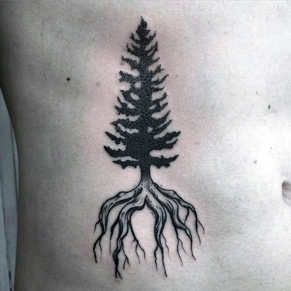 Mens Stomach Pine Tree Roots Tattoo