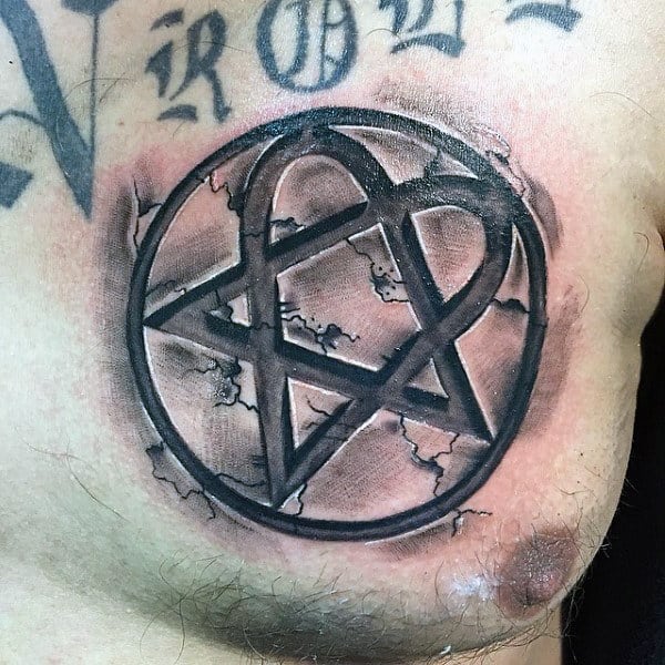 Mens Stone 3d Heartagram Chest Tattoos