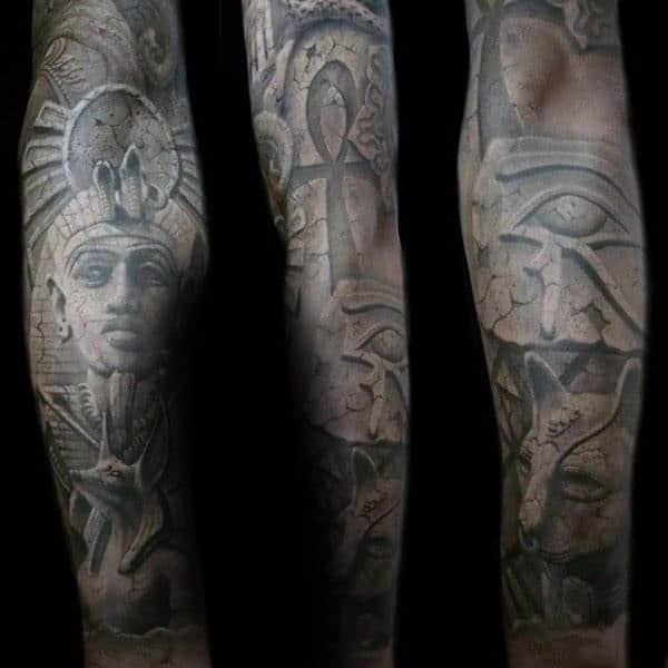 Mens Stone 3d King Tut Egypt Themed Full Sleeve Tattoos
