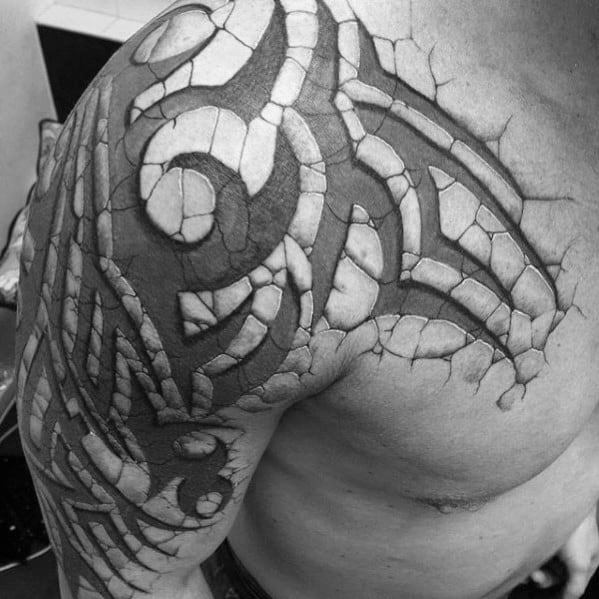 Mens Stone 3d Sick Tribal Arm And Chest Tattoo