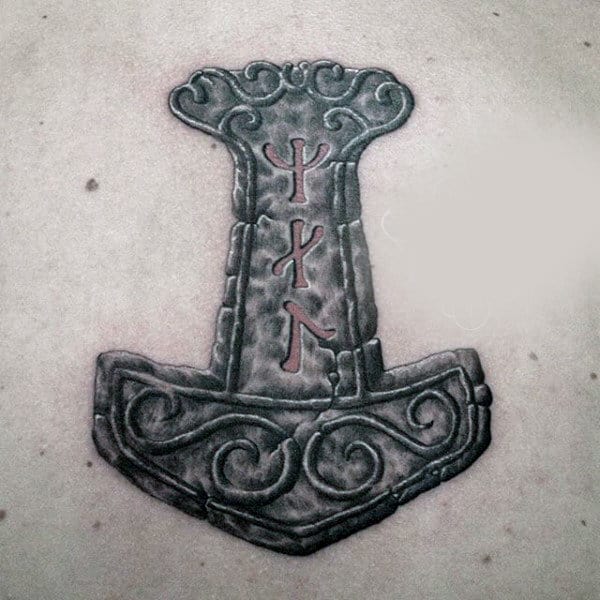 Mens Stone Mjolnir Chest Tattoo