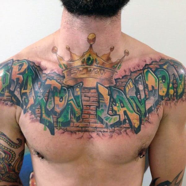 Mens Street Art Graffiti Chest Tattoo With Crown