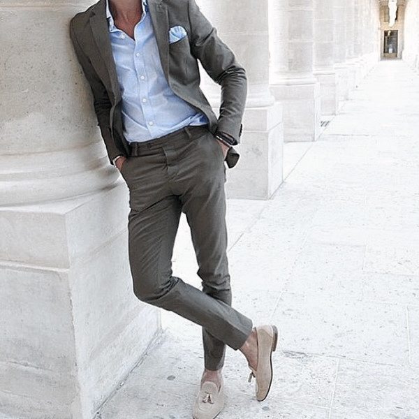 Mens Style Ideas Grey Suits With Light Blue Dress Shirt And Pocket Square