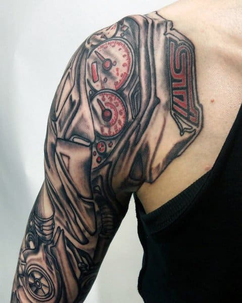 Realistic Subaru STI-themed sleeve tattoo featuring a ripped skin effect, exposing detailed gauges, mechanical components, and the red STI logo.