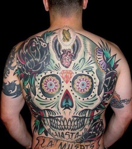 Mens Sugar Skull Full Back Tattoo Design Ideas