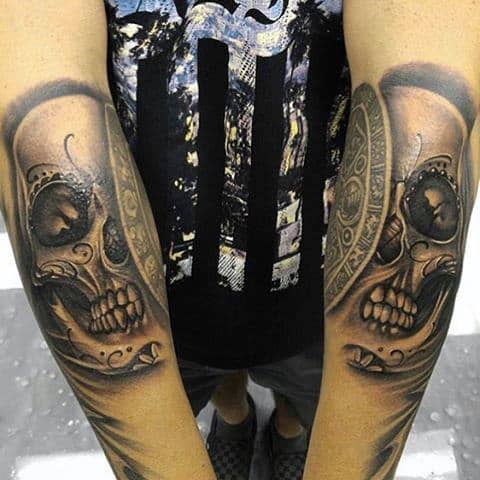 Mens Sugar Skull Tattoos On Inner Forearms With 3d Design