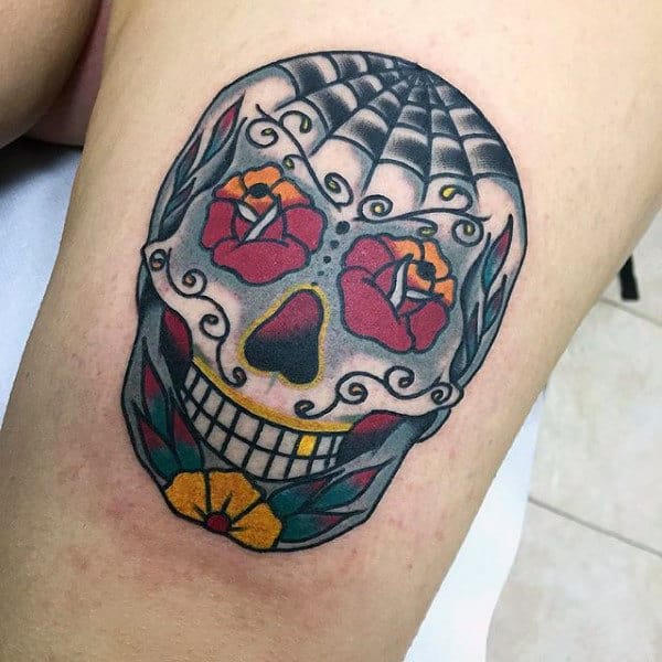 Mens Sugar Skull Thigh Tattoo With Rose Flower Eyes