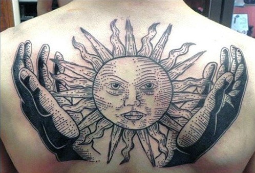 Mens Sun And Two Open Praying Hands Tattoo On Back