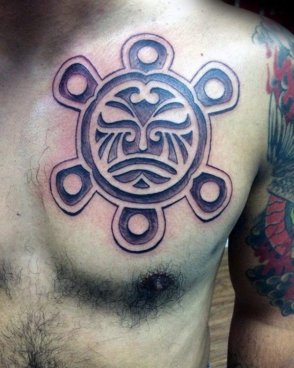 Mens Sun Dotwork Taino Chest Tattoos
