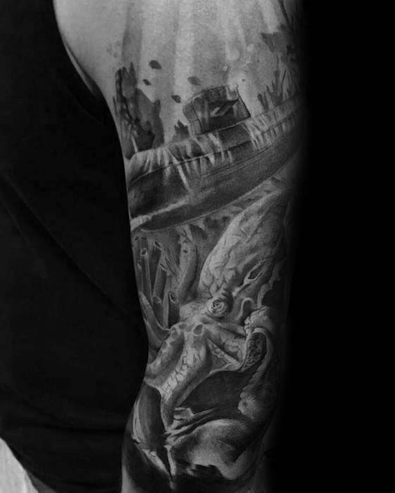 Mens Sunken Ship At Bottom Of Ocean Sleeve Tattoo