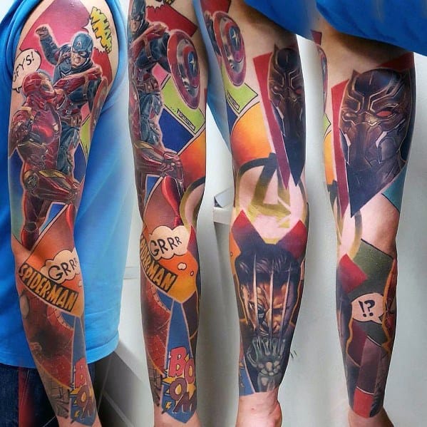 Full-sleeve tattoo featuring vibrant comic book-style artwork with superheroes, action scenes, speech bubbles, and bold colors for a dynamic design.