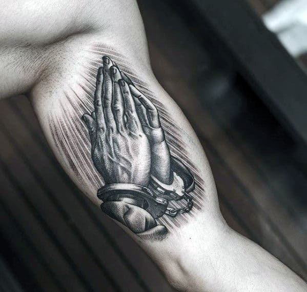 Mens Sweet Hands Praying Wth Handcuffs Tattoo On Bicep