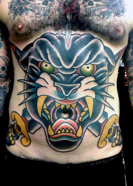 Mens Sword And Panther Tattoo On Stomach