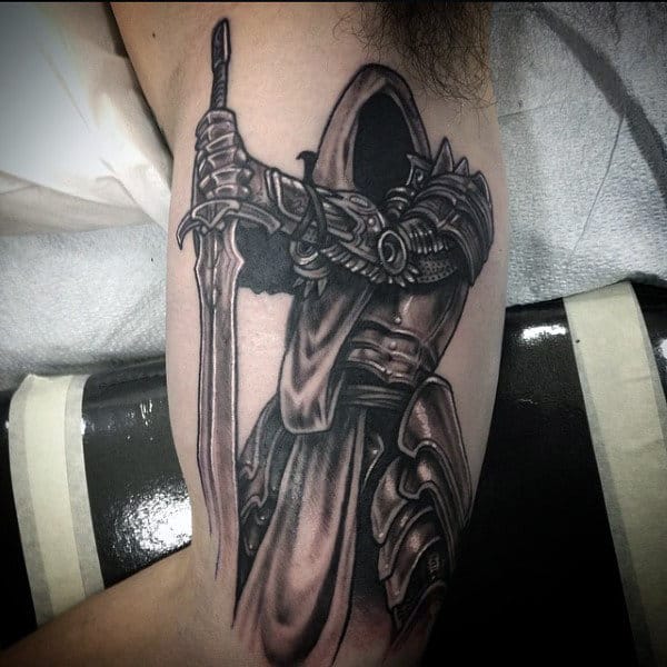 Mens Sword And Shield Tattoo On Bicep