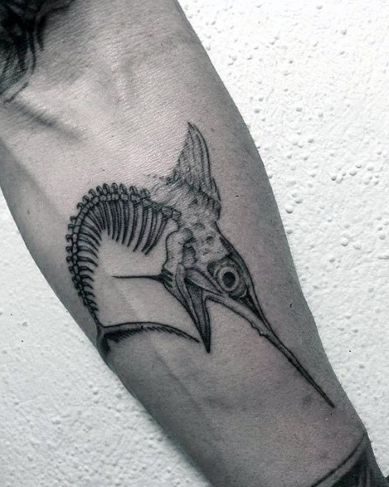 Mens Swordfish Bones Inner Forearm Tattoo Design Ideas