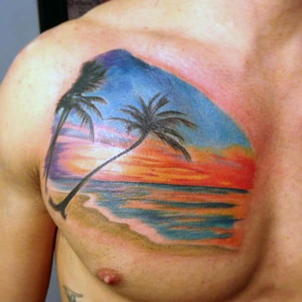 Mens Sytlish Sunset Chest Tattoo With Palm Trees And White Sand Beach
