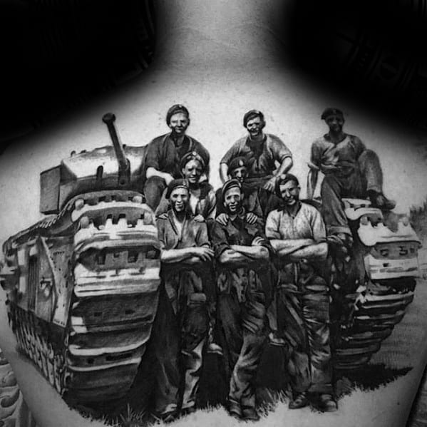 Black and grey back tattoo of a vintage tank with a group of smiling soldiers standing proudly in front, capturing a historic wartime moment.