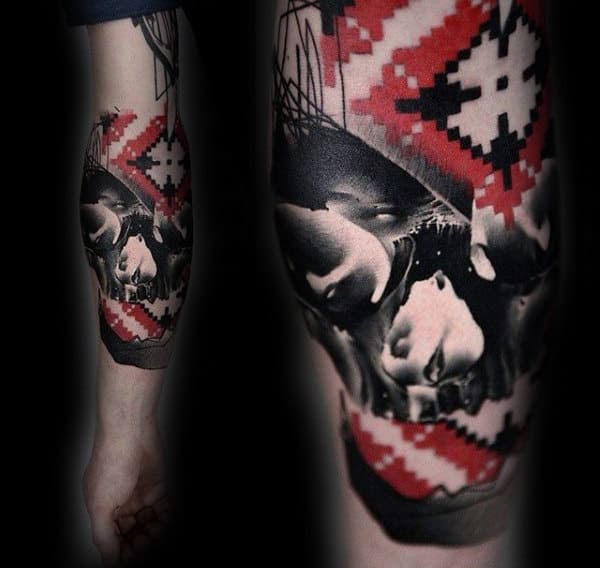 Mens Target Red Ink Skull Tattoo On Forearm