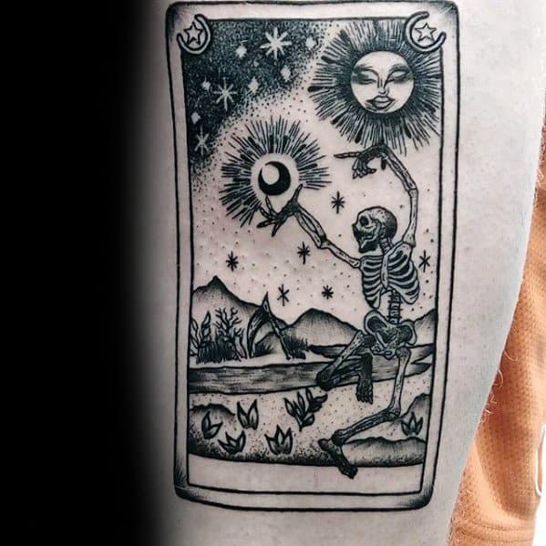 Mens Tarot Tattoo Design Inspiration On Thigh
