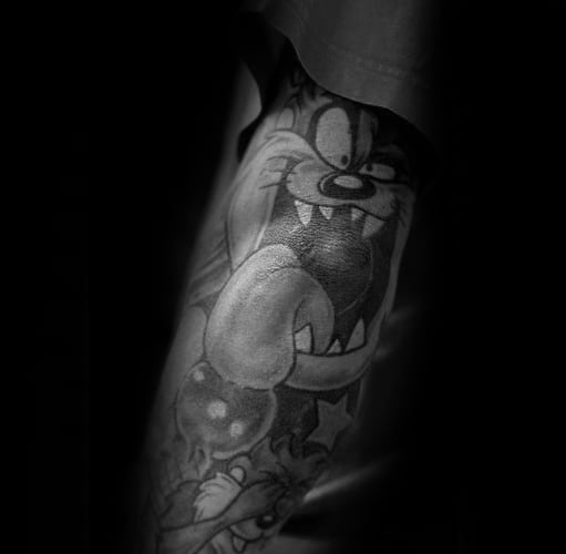 Mens Tasmanian Devil Tattoo Design Ideas Shaded Black And Grey Ink Elbow