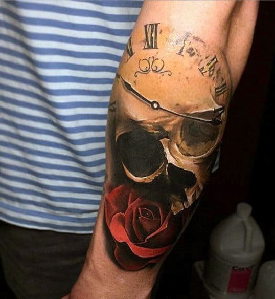 Skull And Rose Men's Tattoo Clock