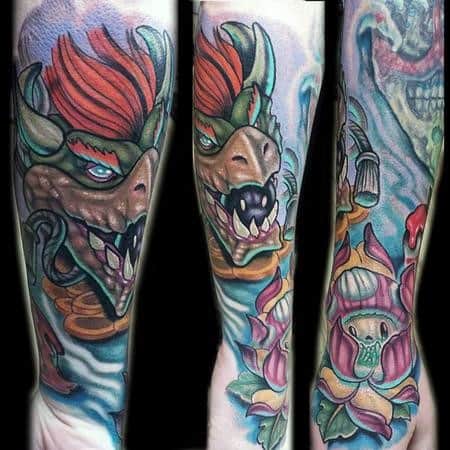 Dark fantasy-style Bowser tattoo sleeve featuring fierce expression, vivid colors, and intricate details, blending a menacing and artistic design.