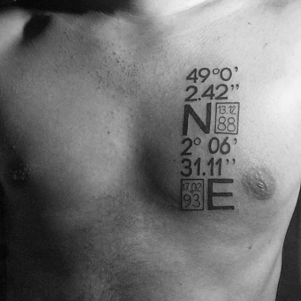 Bold geometric coordinate tattoo on the chest with sharp lettering and date boxes, symbolizing a significant place and personal milestone.