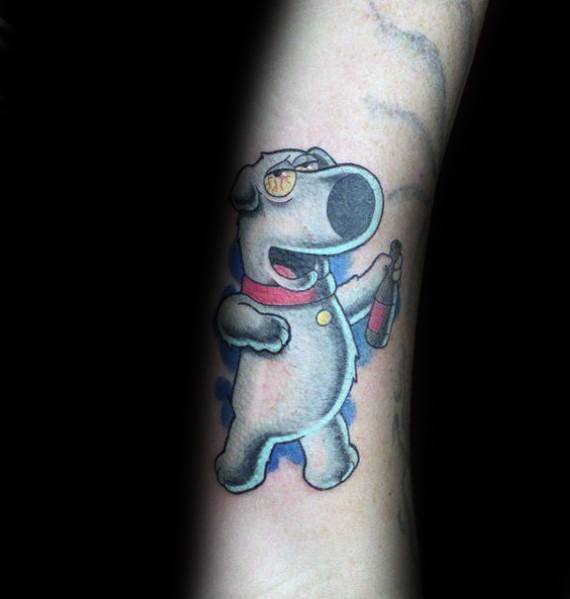 Tattoo of Brian Griffin from Family Guy wearing sunglasses, holding a bottle, and striking a confident pose, set against a blue background.