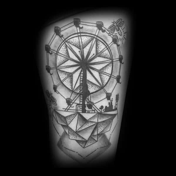 Geometric Ferris wheel tattoo with fine dot shading, floating on a faceted crystal-like base, creating a surreal and artistic black and grey design.