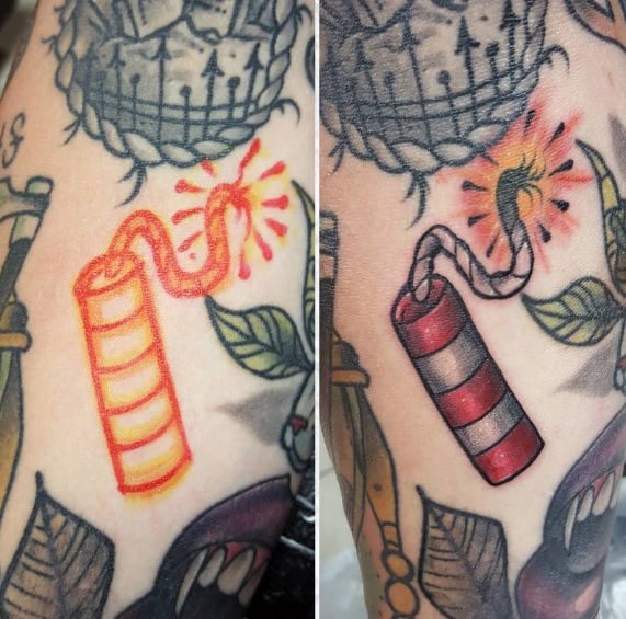 Tattoo progression showing an outlined firecracker transformed into a bold red and white striped design with a lit fuse, adding depth and vibrancy.