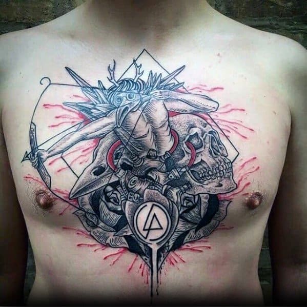 Intricate black and red chest tattoo featuring the Linkin Park logo, a warrior angel with a bow, skulls, and abstract geometric elements.