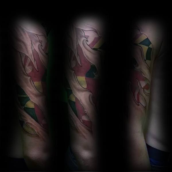 Maryland flag tattoo with a torn skin effect on the arm, creating a dramatic 3D illusion of the flag beneath the surface.