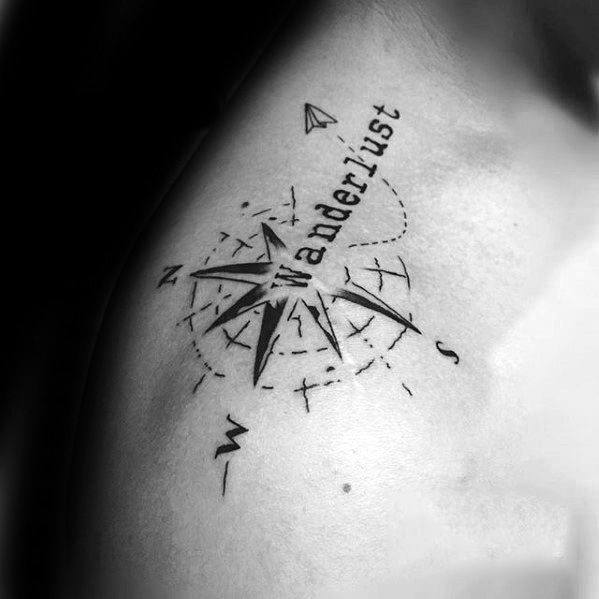 Minimalist compass tattoo with the word "Wanderlust" and a paper plane, symbolizing a love for travel, exploration, and adventure.