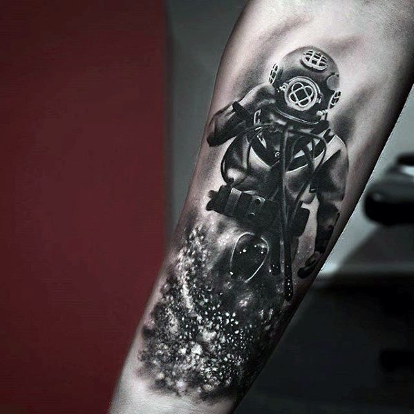 Mens Tattoo Diver 3d Black And Grey Design On Inner Forearm