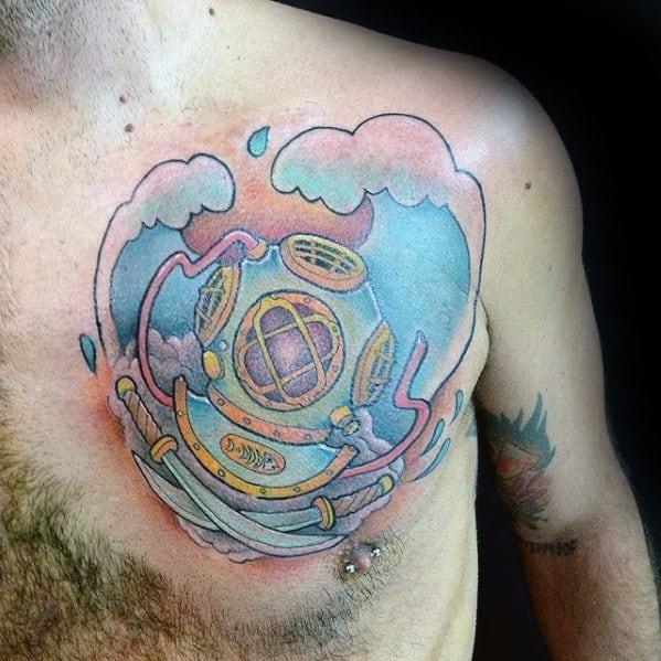 Mens Tattoo Diving Helmet Ocean Wave Design On Upper Chest